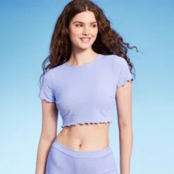 Women's Ruffle Detail Ribbed Short Sleeve Cropped Rashguard - Wild Fable™ Purple -Wild Fable Elegant Shop GUEST ae778006 d718 4b51 af3b 2a50e3c3e5f4